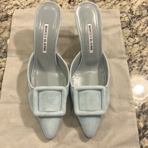 Manolo Blahnik Blue Suede Mules and Kitten heels